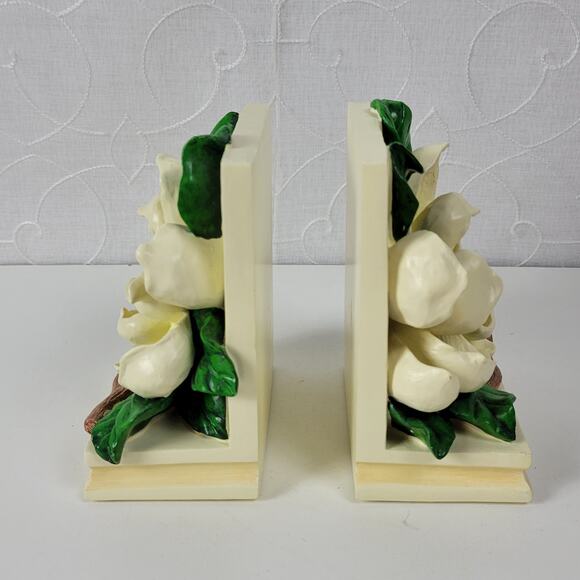 Vintage 1995 CBK Magnolia Flower Blossom Bookends Heavy Resin Cast Hand Painted - Picture 13 of 14